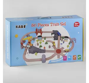 Железная дорога С 47918 (4) 80 элементов, поезд, 2 вагона, 2 машинки, игровые фигурки, постройки, декорации, в коробке
