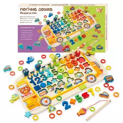 Логічна дерев’яна дошка 38512 (22) "WToys", "Автобус", сортер, магнітна риболовля, цифри, знаки, фігури, транспорт, кілочки, кільця, в коробці Логічна дерев’яна дошка 38512 (22) "WToys", "Автобус", сортер, магнітна риболовля, цифри, знаки, фігури, транспорт, кілочки, кільця, в коробці
