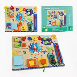 Бізіборд дерев`яний C 71020 (15) шестерні, геометричний сортер, спіннер, застібки, годинник, в коробці Бізіборд дерев`яний C 71020 (15) шестерні, геометричний сортер, спіннер, застібки, годинник, в коробці