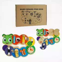 Бізіборд дерев`яний C 64007 (20) “Гусінь”, ключі, застібки, змійка, шестерні, годинник, шнурівка, в коробці Бізіборд дерев`яний C 64007 (20) “Гусінь”, ключі, застібки, змійка, шестерні, годинник, шнурівка, в коробці