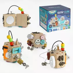 Бізіборд дерев`яний C 64873 (48) дерев’яний куб, 10 міні-ігор, в коробці Бізіборд дерев`яний C 64873 (48) дерев’яний куб, 10 міні-ігор, в коробці