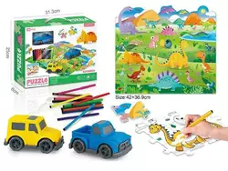 Двосторонній пазл 7077-103 (48/2) “Динозаври”, 56 елементів, фломастери 12 кольорів, розфарбовка, машинка, пазл 42х37 см, в коробці Двосторонній пазл 7077-103 (48/2) “Динозаври”, 56 елементів, фломастери 12 кольорів, розфарбовка, машинка, пазл 42х37 см, в коробці