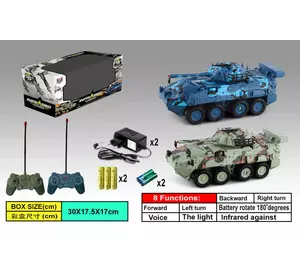 Танковий бій на радіокеруванні 333 ZJ 11 (16) 2 танки, світло, звукові ефекти, імітація стрільби, гумові колеса, башти обертаються, в коробці Танковий бій на радіокеруванні 333 ZJ 11 (16) 2 танки, світло, звукові ефекти, імітація стрільби, гумові колеса, башти обертаються, в коробці