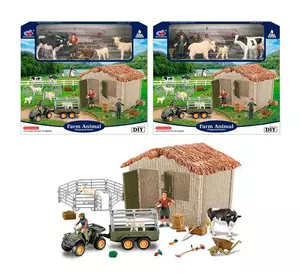 Ферма Q 9899 ZJ 77 (12) 2 вида, 30 элементов, 3 фигурки животных, фермер, машинка с прицепом, аксессуары, в коробке