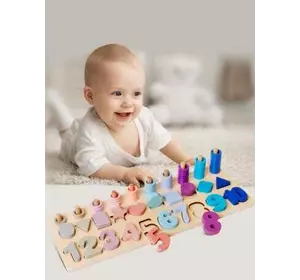 Логічна дерев’яна дошка С 74617 (36) сортер, дерев`яні кілочки, кольорові кільця, цифри, фігури, в коробці Логічна дерев’яна дошка С 74617 (36) сортер, дерев`яні кілочки, кольорові кільця, цифри, фігури, в коробці